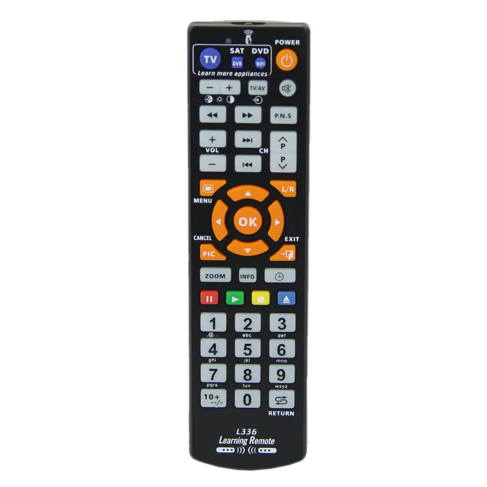 Black L336 learning remote control with full keypad for universal device operation