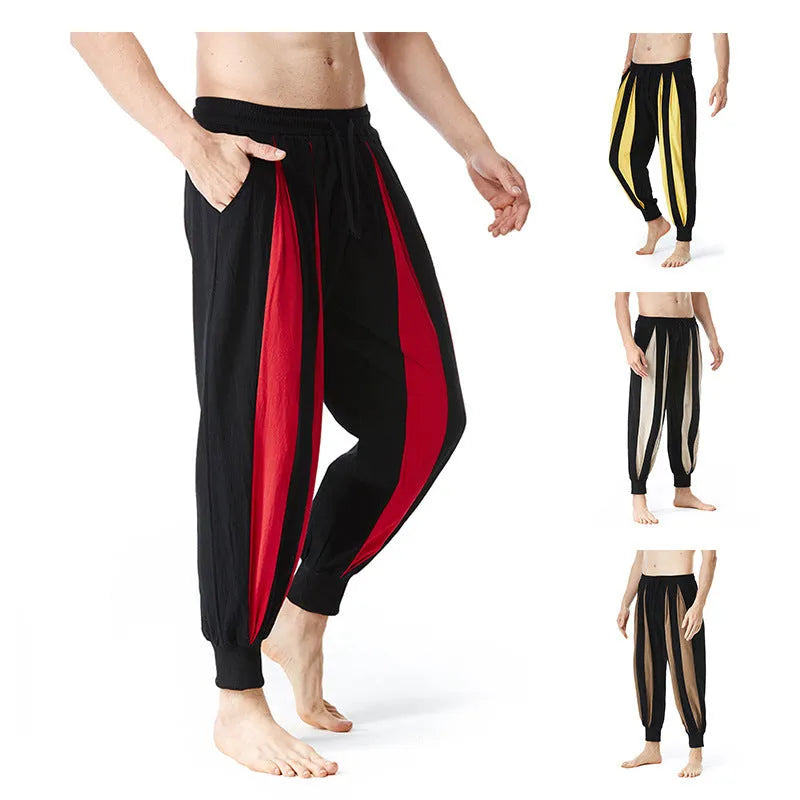 Men's straight-leg casual trousers in red, khaki, yellow, and brown colours