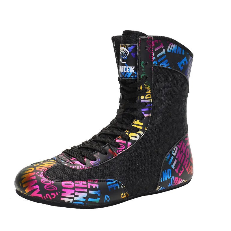 High-top combat training wrestling shoes with mesh and leather upper in green colour.