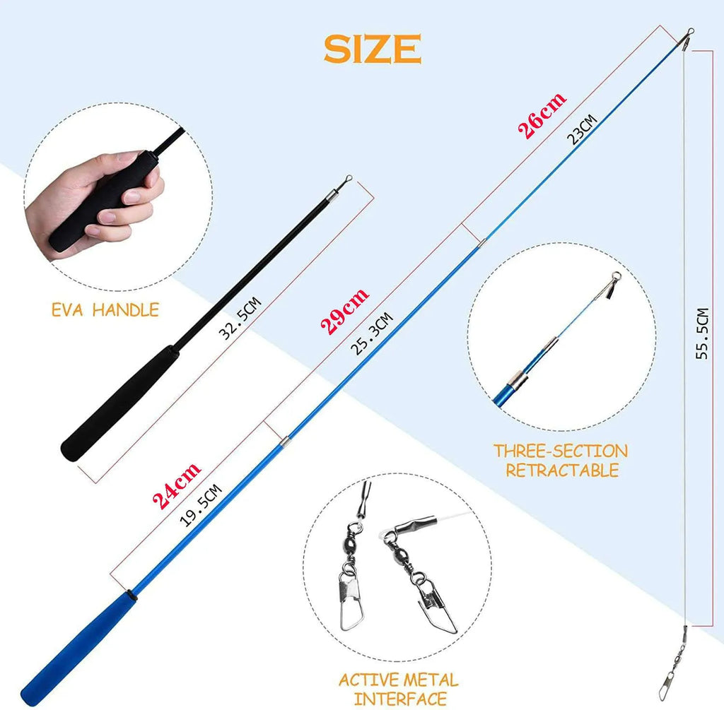 Cat teasing pole set with two 60cm fishing rods and ten feather attachment heads for interactive play