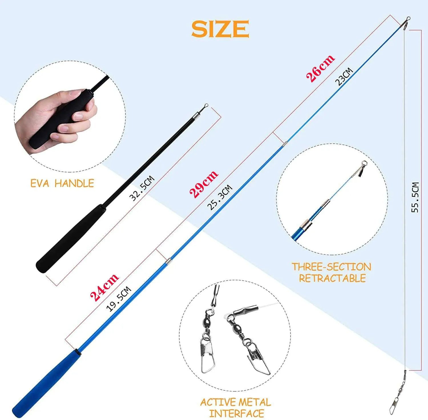 Cat teasing pole set with two 60cm fishing rods and ten feather attachment heads for interactive play