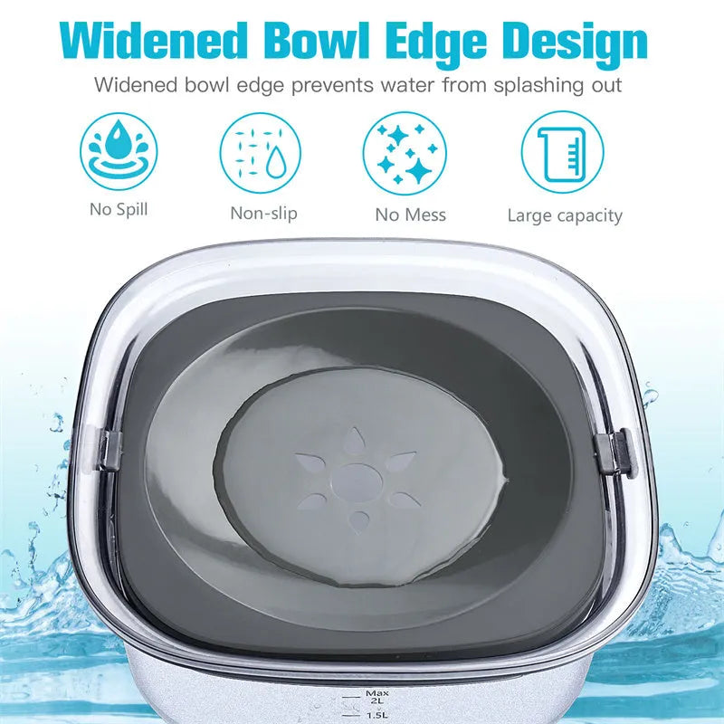 Clear plastic dog water bowl showing water level, with a white floating disc inside on a non-slip base.
