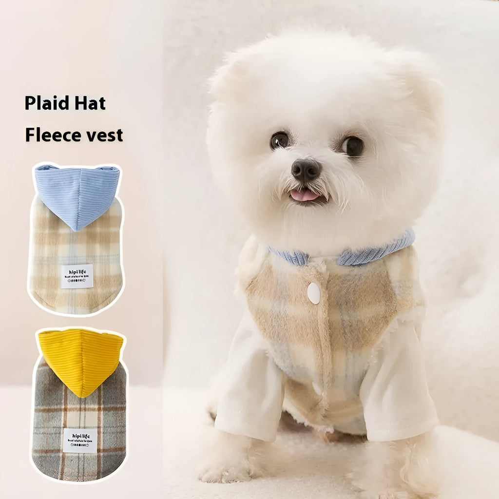 Blue corduroy hooded vest for pets with chessboard grid pattern and adjustable hood for autumn winter wear