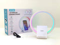 White rectangular 15W wireless charging pad with integrated Bluetooth speaker and ambience light.
