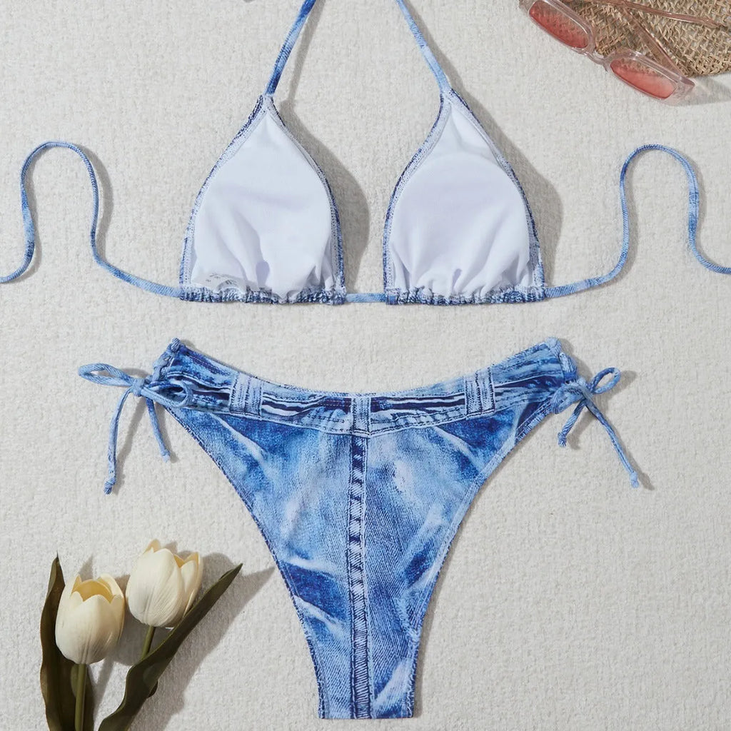 Women's denim blue bikini set with adjustable straps, showing front and back views on mannequin