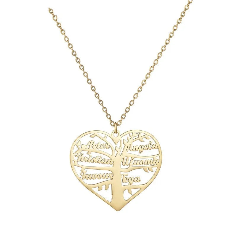 Personalised stainless steel necklace with hollow heart and tree pendant engraved with names, shown in silver finish.