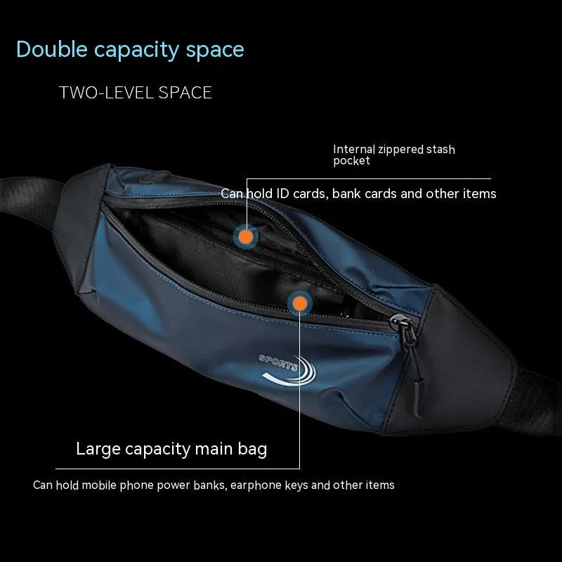 Men's blue waterproof sports waist bag showing 45cm length and adjustable strap