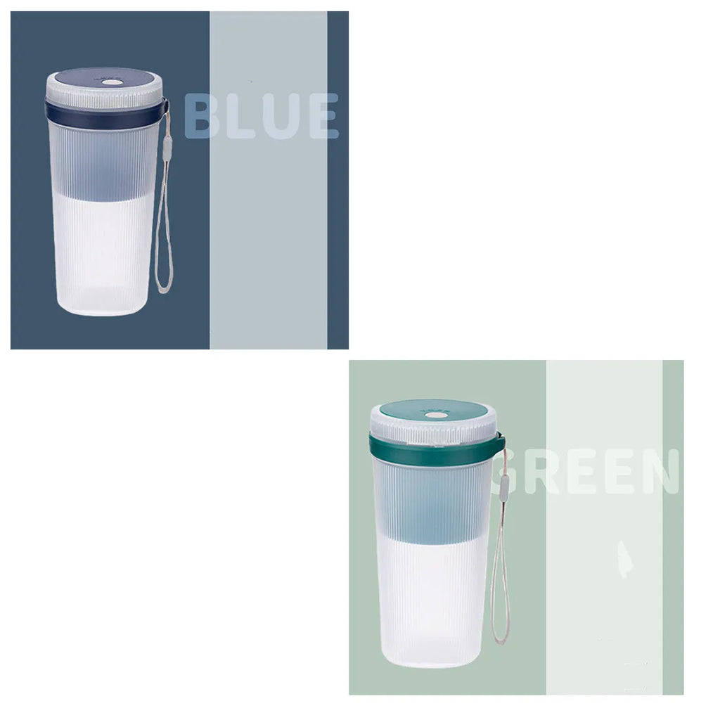 Blue portable blender electric juicer cup with USB cable, dimensions 7x7x19.5cm, 300ml capacity