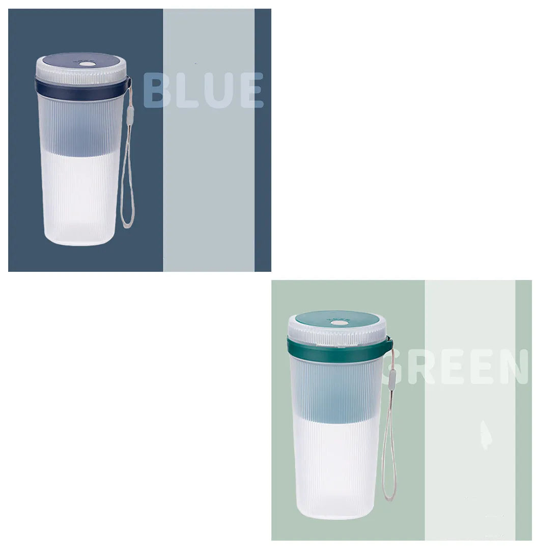 Blue portable blender electric juicer cup with USB cable, dimensions 7x7x19.5cm, 300ml capacity