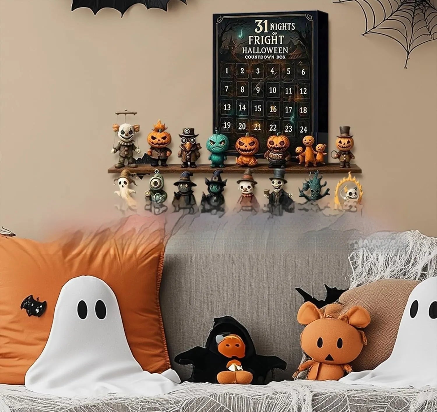 Halloween themed countdown box with plastic and resin construction for Christmas advent calendar use