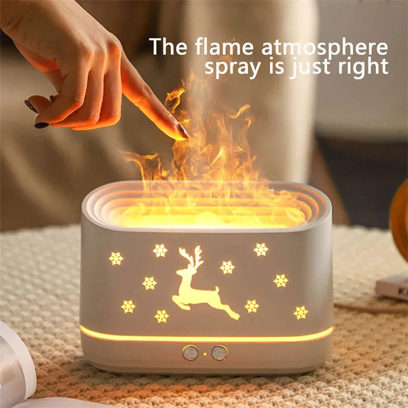White round humidifier diffuser with glowing flame effect light and USB cable