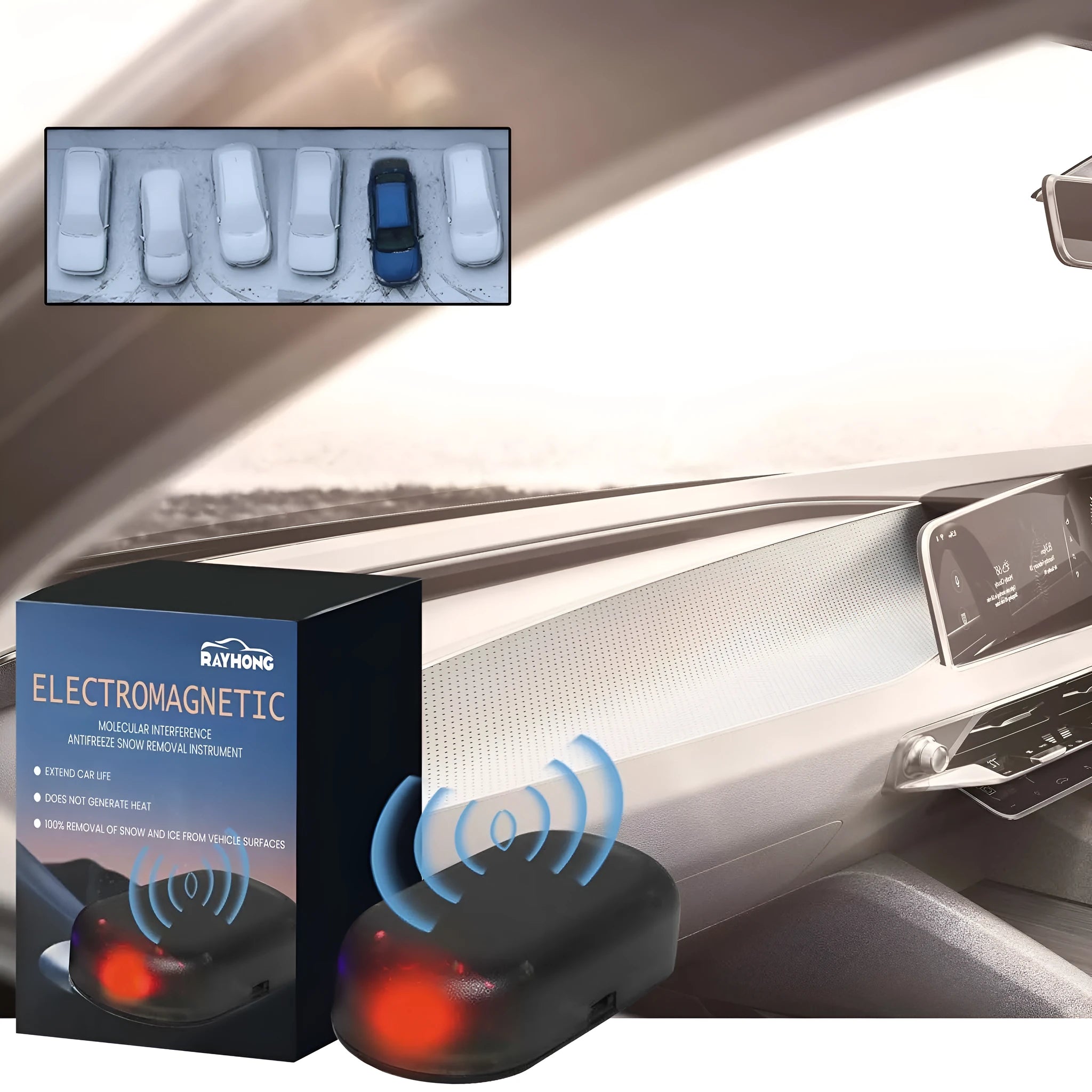Black car deicer with special glass for snow removal, measuring 5cm