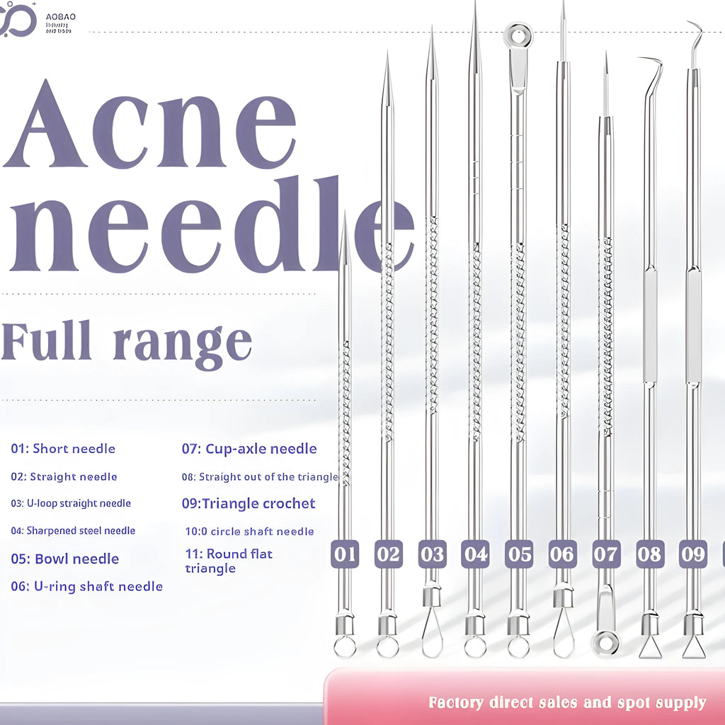 Four metal acne needles with different pointed and looped tips for blackhead removal.