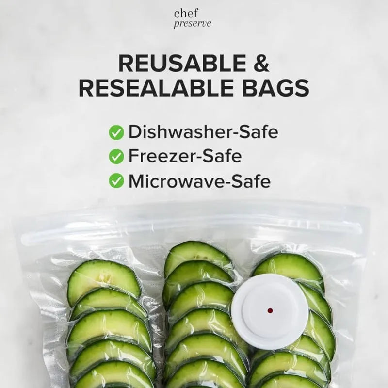 USB vacuum food saver kit with white electric pump and five plastic storage bags
