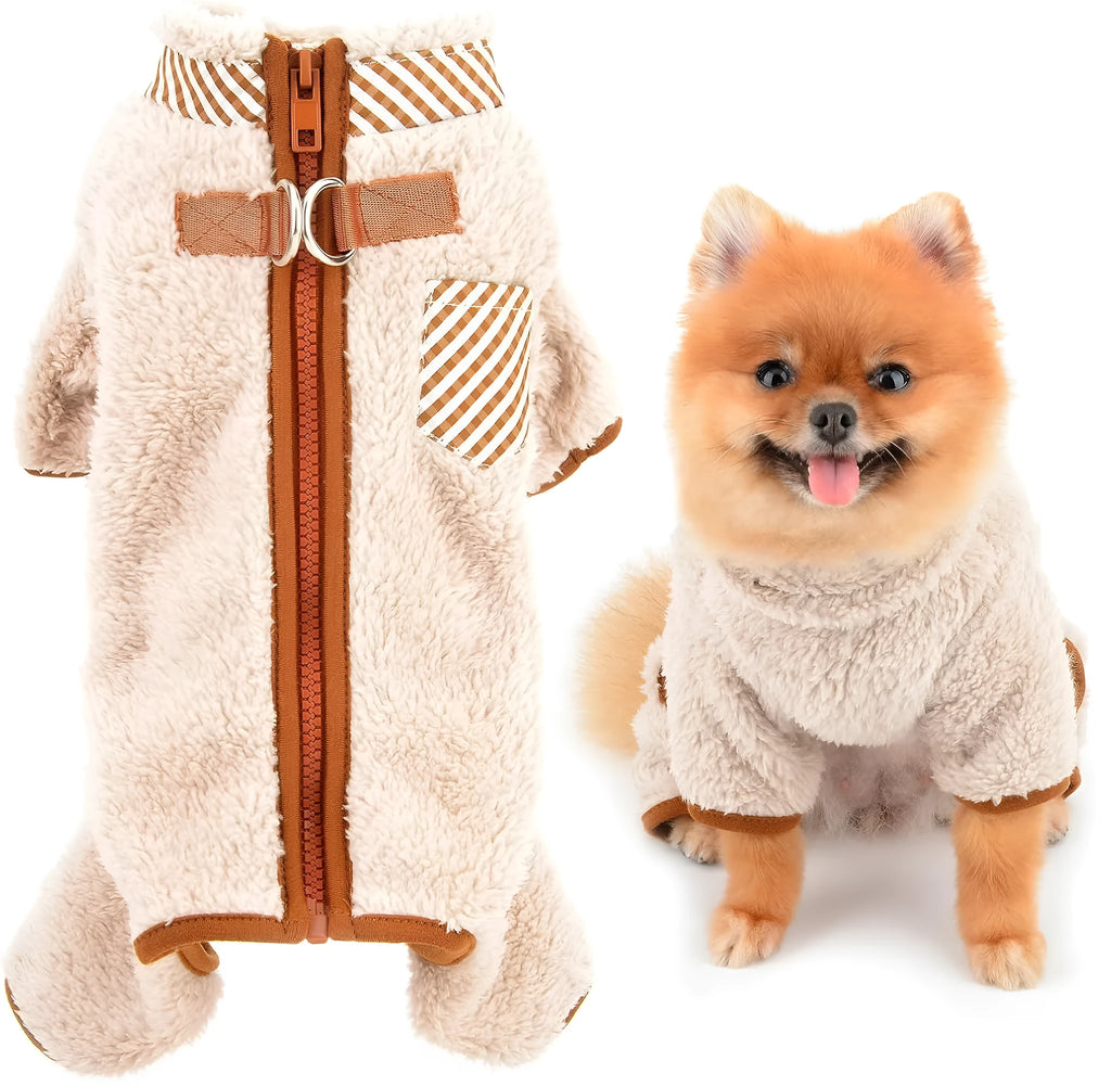 Green plush fleece dog coat with four leg openings and back zipper for small breeds