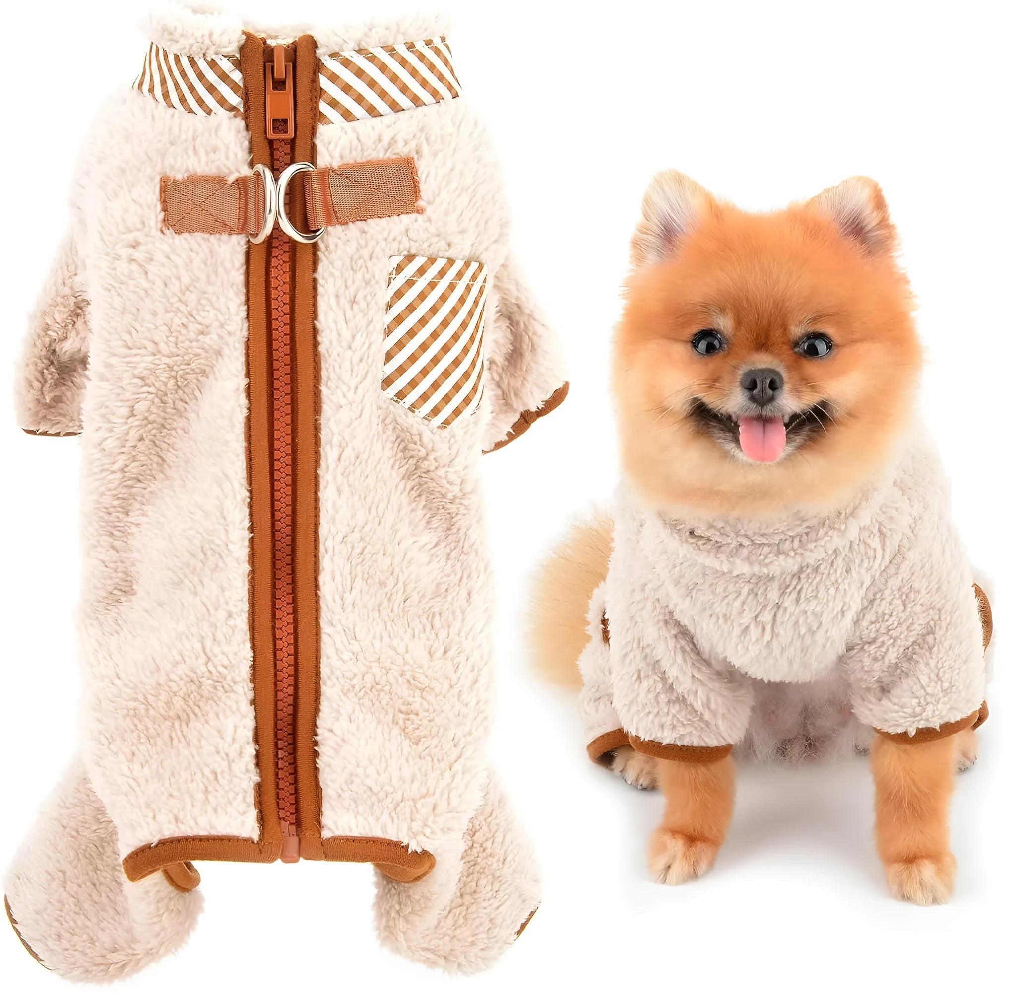 Green plush fleece dog coat with four leg openings and back zipper for small breeds