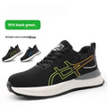 Black and blue safety shoes with breathable mesh upper and protective features for industrial work