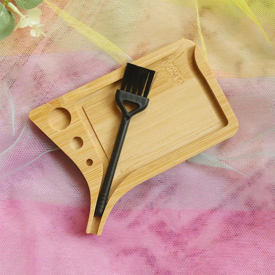 Bamboo slotted funnel-type cigarette tray set, 13.2cm long, 10cm wide, with 11 x 2.5cm brush in wood colour