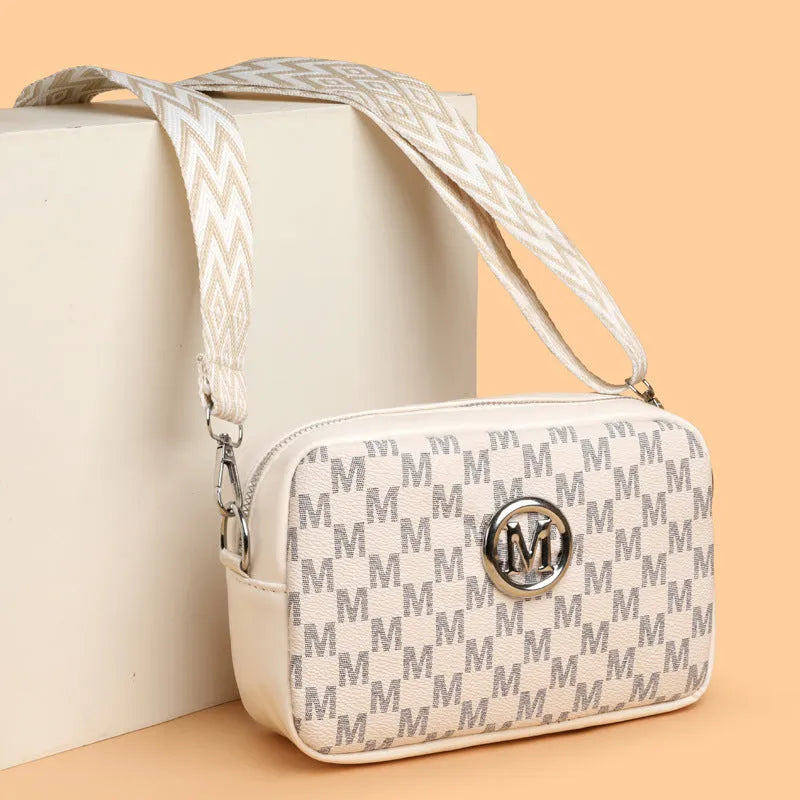 PU leather wide-strap crossbody bag in black, brown or white with three-dimensional pocket design