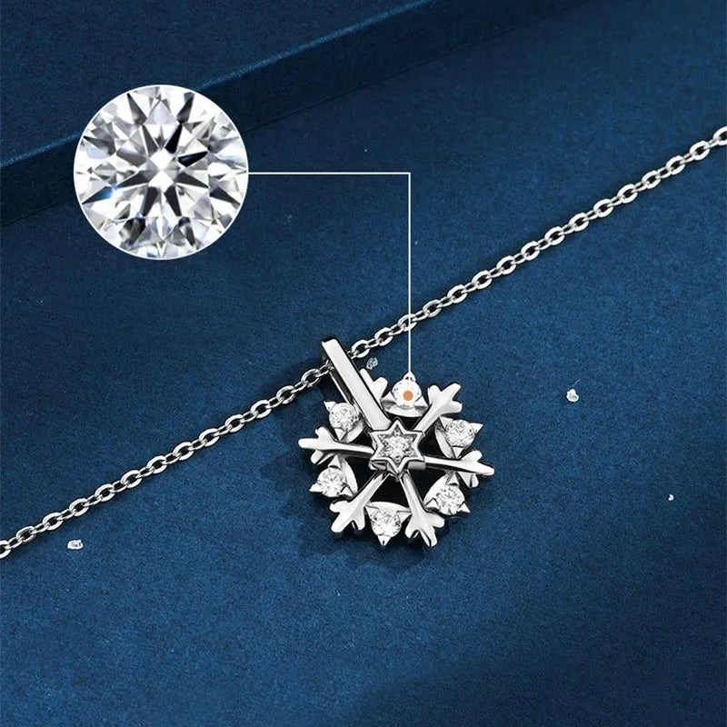 Rotatable S925 silver snowflake necklace for women with rhinestone detail, available in rose gold or white gold.