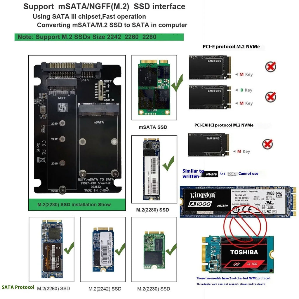 SSD adapter card for mSATA or M.2 NGFF to SATA3.0 with USB3.0 interface, available in three versions.