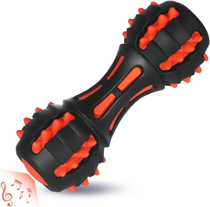 Red dumbbell-shaped dog toy with double-layer rubber construction for aggressive chewers, 175mm length