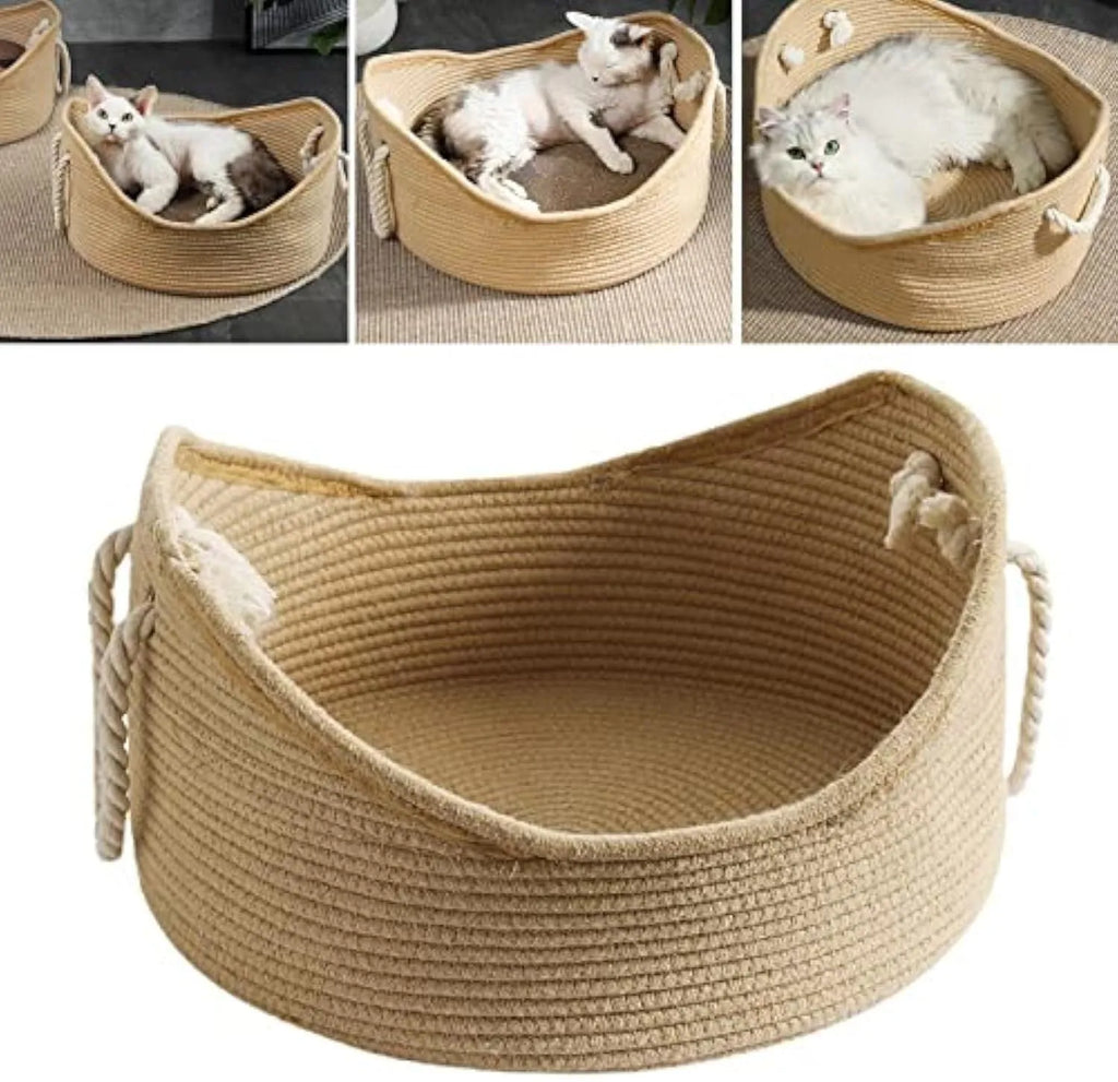 Wicker cat bed basket with corrugated scratching board, dimensions 40x40x20cm or 50x50x20cm, for feline resting and claw maintenance
