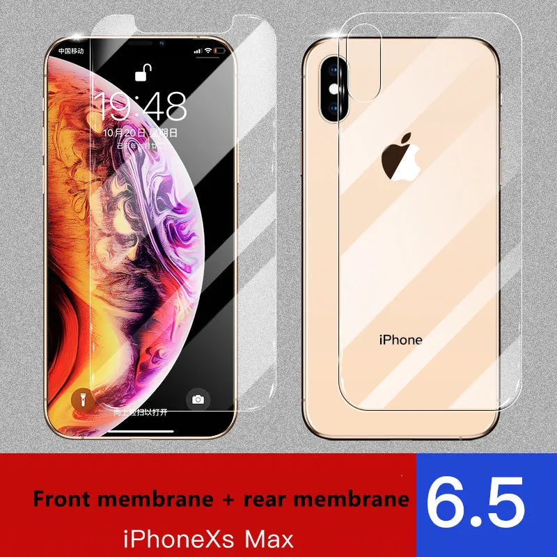 Apple iPhone tempered glass screen protector showing front and rear films with 10D explosion-proof and anti-fingerprint features