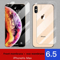 Apple iPhone tempered glass screen protector showing front and rear films with 10D explosion-proof and anti-fingerprint features