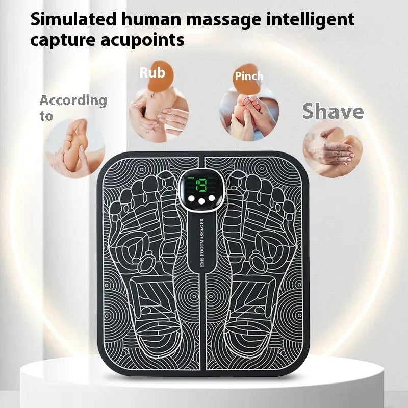 Reflexology foot massager mat with USB charging, showing blue foot pad and push-button controls for 8 modes and 19 intensity levels