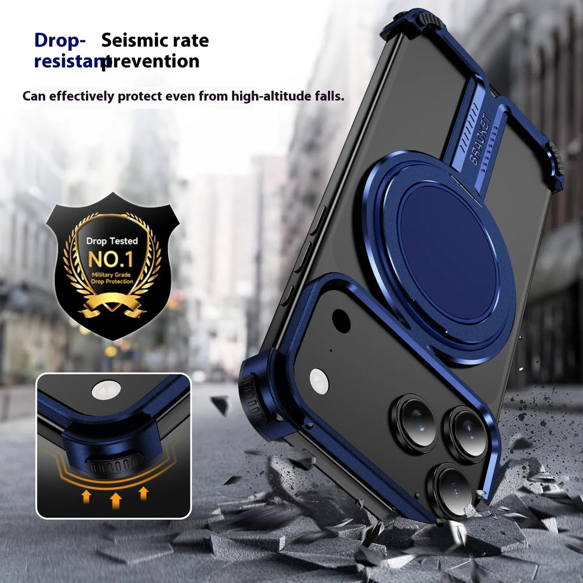 Titanium alloy bracket phone case for iPhone 17 series, frameless anti-fall design, TPU PC, in black.