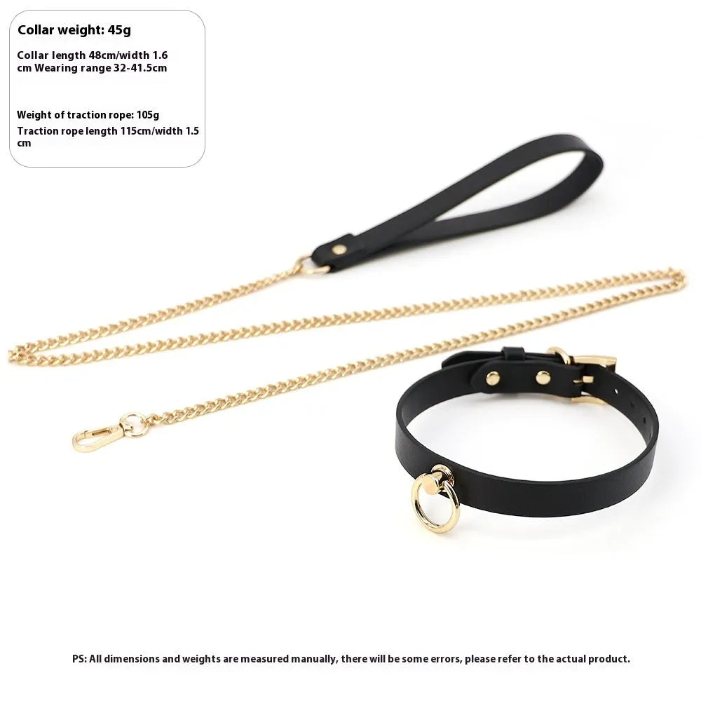 Black genuine cowhide leather dog collar with a matching lead on a grey background.