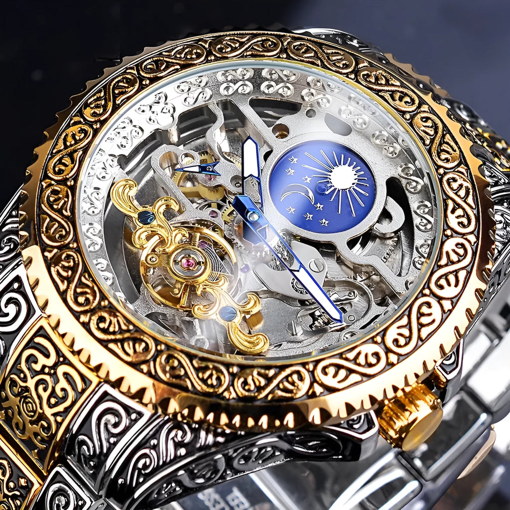 Forsining skeleton tourbillon automatic mechanical watch with stainless steel case and yellow finish