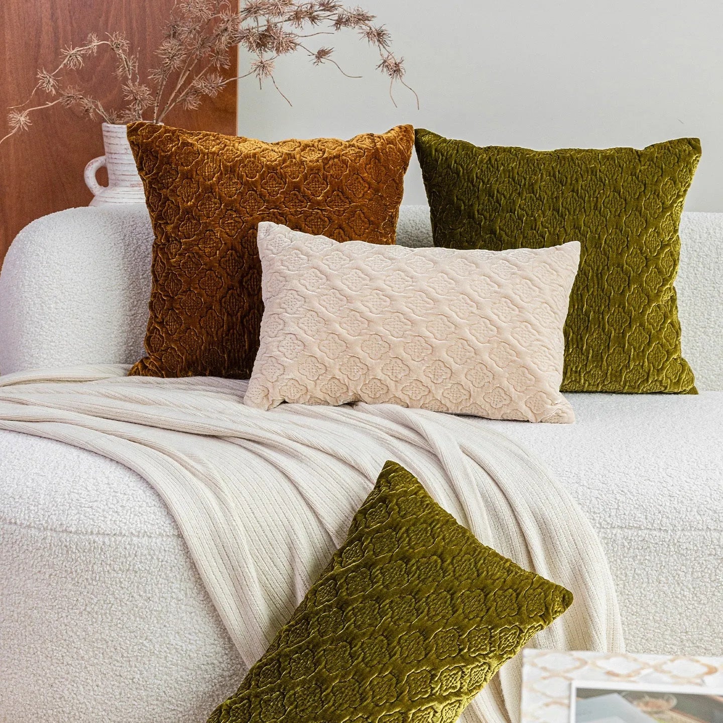 Brown gold antique Chinese-style cushion with three-dimensional quilted pattern on plum cotton fabric