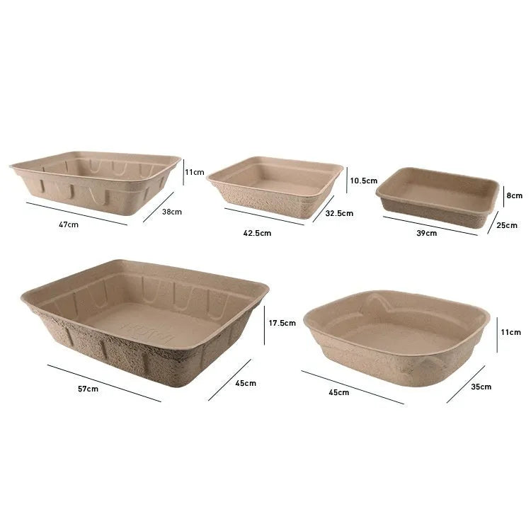 Brown disposable cat litter box with waterproof lining and biodegradable materials, sizes 39cm, 42.5cm, 45cm