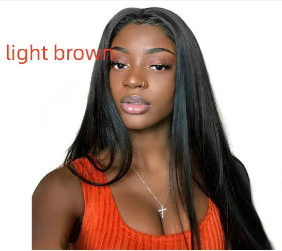 Long straight black wig with centre parting and bangs on a mannequin, showcasing high-temperature fibre for heat styling