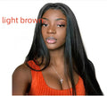 Long straight black wig with centre parting and bangs on a mannequin, showcasing high-temperature fibre for heat styling