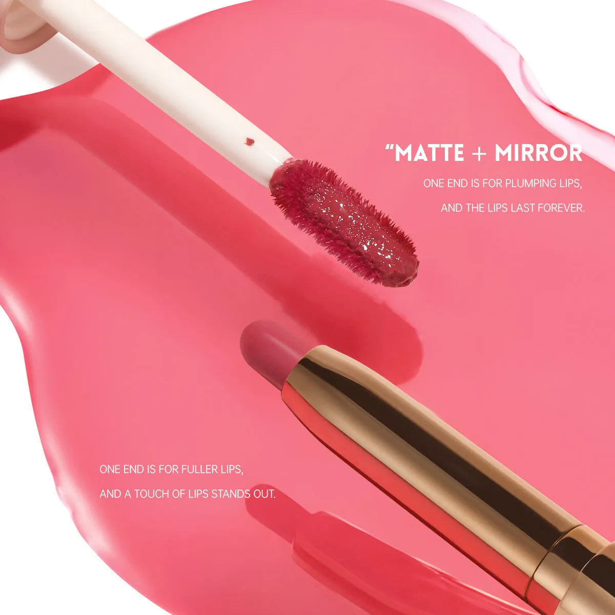 Double-headed lipstick showing matte end and gloss end with 10 colour options numbered 01-10