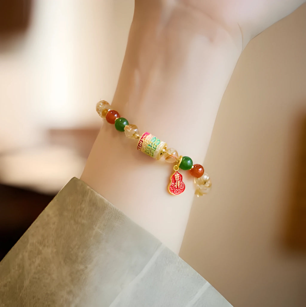 Hand-woven citrine five sutra crystal bracelet with 6mm beads and geometric pattern