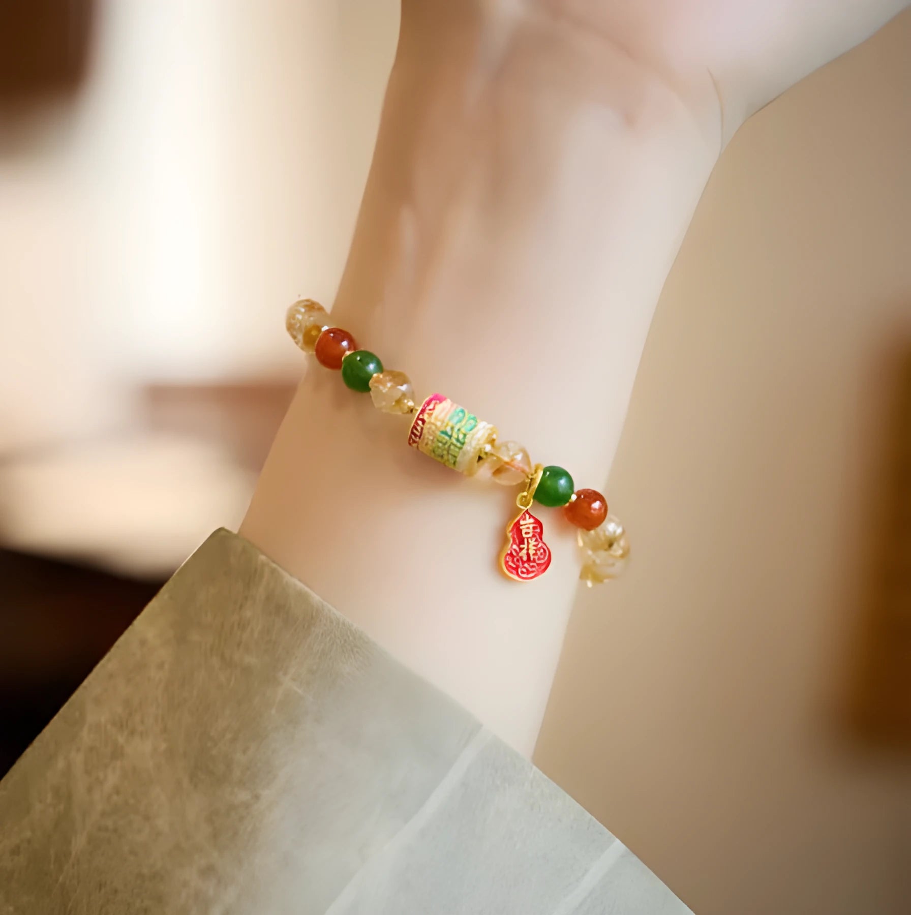 Hand-woven citrine five sutra crystal bracelet with 6mm beads and geometric pattern