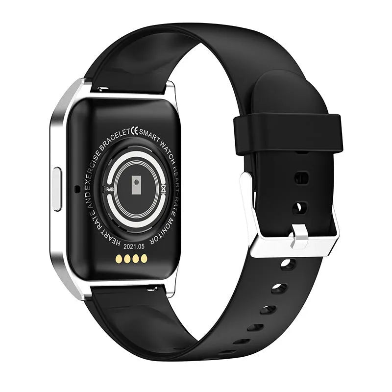 Black smart watch with 1.69-inch display on silicone wristband, showing Bluetooth call interface