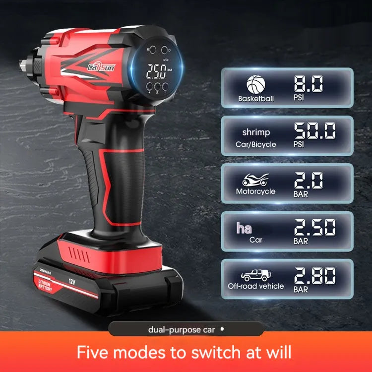 Red and black portable car tyre air pump with display, nozzles, and power cables on a table.