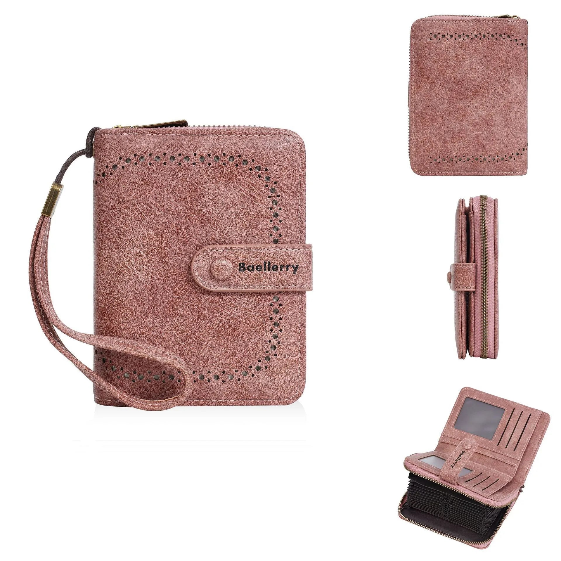 Women's black PU leather zipper coin purse with card slots, shown open to display interior