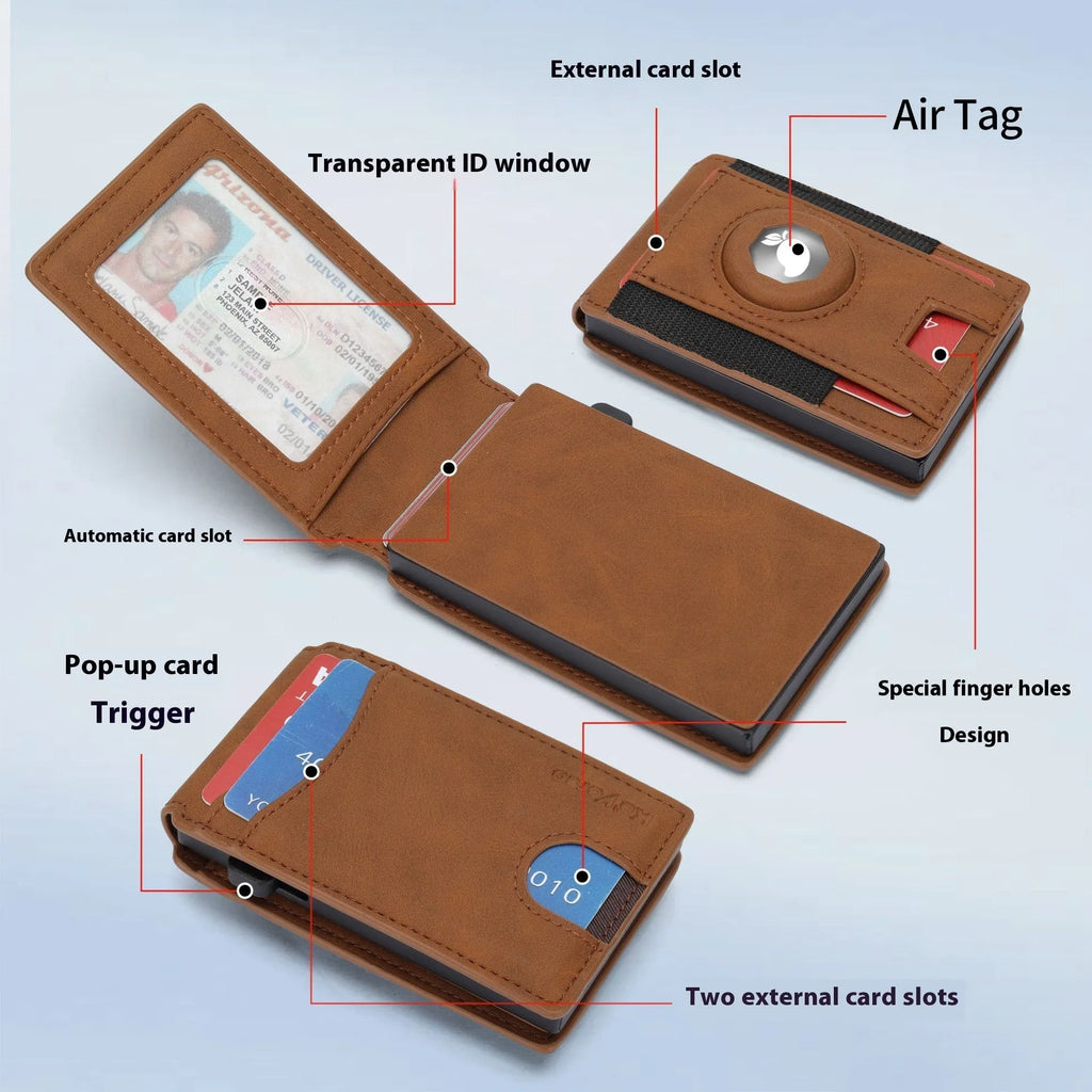 Slim synthetic leather men's card holder wallet in black, dark brown, and light brown colours.