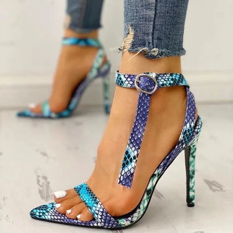 Serpentine blue high heels with buckle fastening, hollow-out details, and pointed toe in sizes 34-43