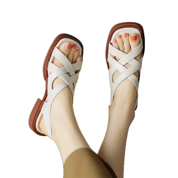 Women's patent leather low heel square toe beach sandals in black, brown, or off white with rubber sole