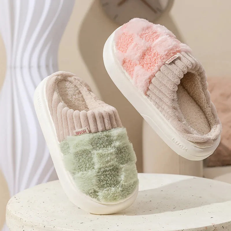 Plaid plush slippers for women with non-slip PVC sole and warm plush lining in multiple colours