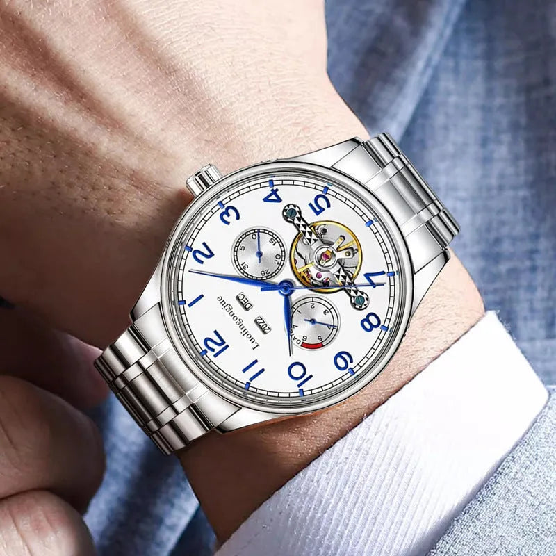 Men's stainless steel mechanical watch with sapphire crystal glass and genuine leather strap showing transparent case back