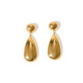 Gold electroplated stainless steel earrings with geometric hemisphere and water drop pendant design