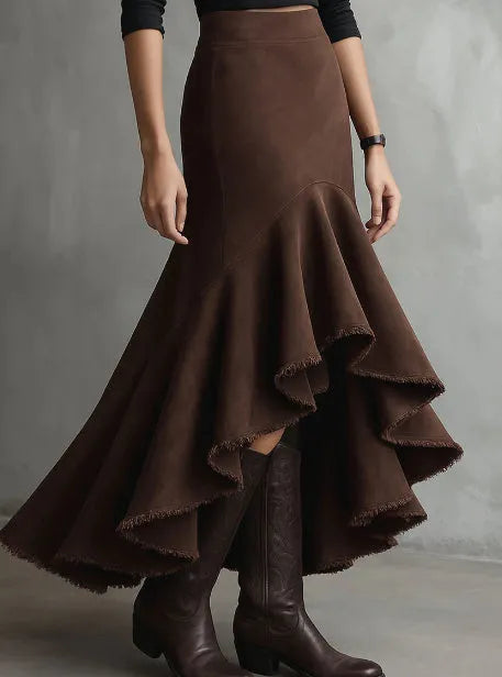 Brown women's maxi skirt with high-low hem and ruffle trim in eco-suede polyester fabric